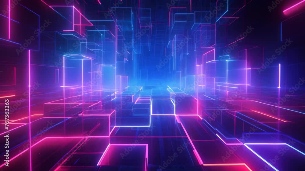 Poster abstract background with glowing neon squares and lines. 3d rendering, 3d illustration of an abstrac