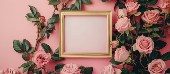 Valentine's Day theme with pink roses and a picture frame, mockup featuring a golden frame and flowers with room for a picture or text.
