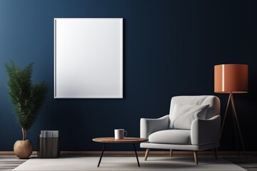 Maqueta de marco en blanco en interior sobre muro azul con sillón gris y decoración. - obrazy, fototapety, plakaty