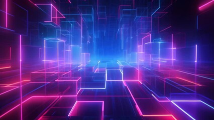 abstract background with glowing neon squares and lines. 3d rendering, 3D illustration of an abstract background with bokeh lights and mushrooms, AI Generated - Powered by Adobe