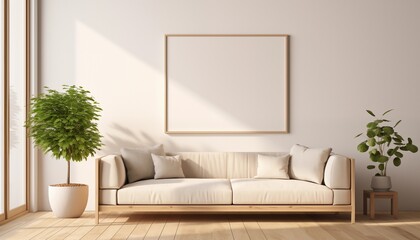 Maqueta de interior con cuadro en blanco sobre pared blanca con sofá y plantas. Luz natural a través de la ventana. - obrazy, fototapety, plakaty