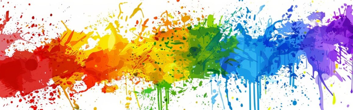 Rainbow-colored paint splatters spread across a white background in a vibrant display of color and texture