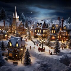 Winter village at night. Christmas and New Year background. Digital painting.