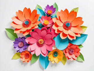 Paper flowers of different colors on a white background. Paper craft.
