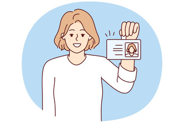 Positive woman shows badge with photo of personal data issued for use in office of corporation. Casual girl with smile and pride demonstrates document to employee company. Flat vector illustration