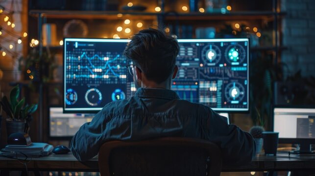 guy sitting in front of the computer, Data Analyst using data analysis