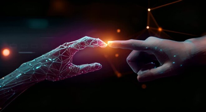 A human hand touching with digital hand, digital transformation concept.