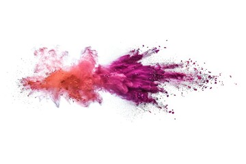 A dynamic explosion of red and pink powder against a stark white background, creating a bold and striking contrast