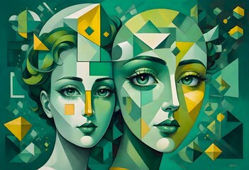 Abstract Portrait of Two Person in Cubist Style with Green Tones, Generative AI
