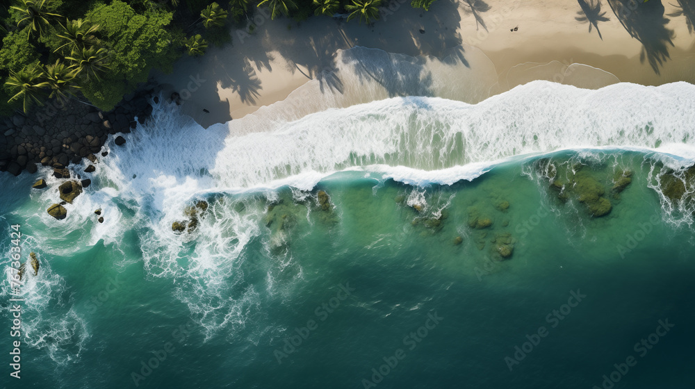 Wall mural A breathtaking view from above: Red Frog Beach framed by the lush green jungle. The waves gently kiss the shore, and the untouched beauty of Central America unfolds before your eyes.