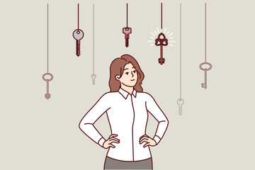 Business woman makes choice from dangling keys symbolizing different ways of solving problems. Successful girl making difficult choice development path, or invents password to protect information