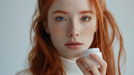 A beautiful red-haired young woman advertises a cosmetic light jar of cream. Modern natural makeup. 