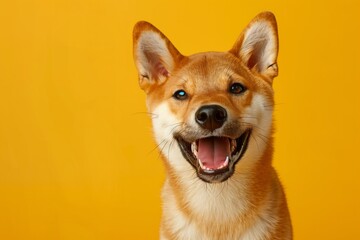 Happy smiling shiba inu dog isolated on yellow orange background with copy space. Red-haired...