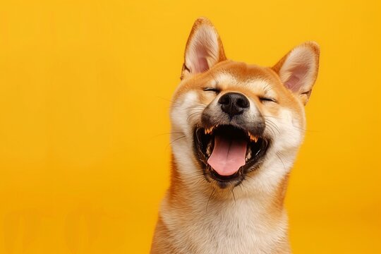Happy smiling shiba inu dog isolated on yellow orange background with copy space. Red-haired Japanese dog smile portrait