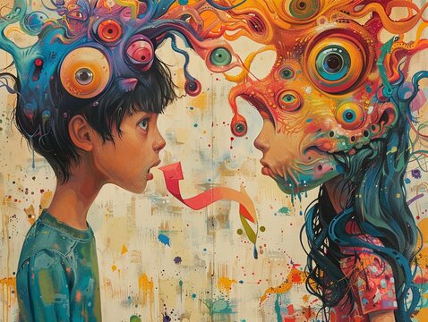 The antisocial introvert and the extroverted extrovert engage in a whimsical battle of communication styles amidst a backdrop of vibrant colors, clean sharp