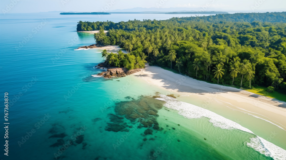 Sticker view of the beach, A bird’s-eye perspective of Red Frog Beach, where the dense jungle meets the turquoise sea. The wild coastline is dotted with palm trees, and the vibrant greenery contrasts beautifu