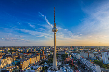 Berlin skyline in summer. Television tower in the center of the capital of Germany in the evening....