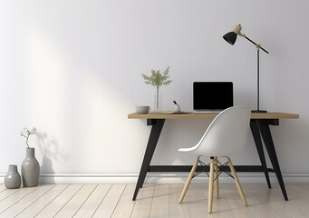 Simplistic home office setup with a laptop, stylish lamp, and neutral tones