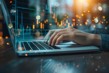 Increasing income financial chart. Businessman use laptop to analyzing growing chart for showing successful increase in business profit on virtual screen. 