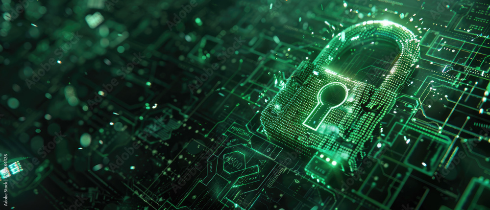 Wall mural digital green hot lock in abstract cyber space, data dark background, secure computer information. t