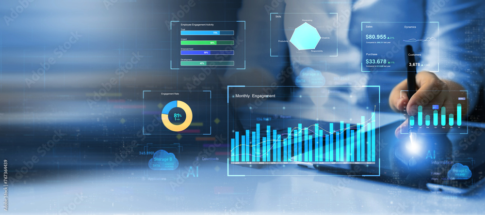 Poster business finance data analytics graph.financial management technology.advisor using kpi dashboard on