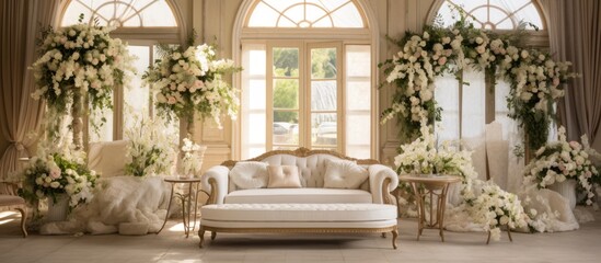 Inside the building, there is a hardwood couch in the middle of the room adorned with flowers. The wood flooring complements the decor, creating a cozy atmosphere