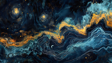 Graphic background of Celestial Rivers: Abstract Cosmic Landscape with Swirling Galaxies and Moon