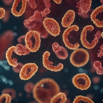 A 3D illustration of viruses in blood cells, 3D simulation of blood cells destroyed by a virus. Medical and scientific research for drug discovery.