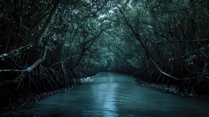 Dark haunted mangrove forest, spooky trees in water in fairy tale jungle at dusk. Theme of horror, fantasy, scary movie, woods