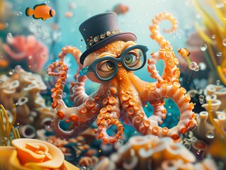 Illustrate a whimsical underwater scene with anthropomorphic sea creatures such as a hipster octopus with a top hat and a nerdy clownfish wearing glasses - obrazy, fototapety, plakaty