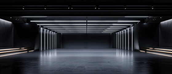 Futuristic black stage with led light, abstract underground garage background. Theme of corridor, warehouse, dark room, modern hall, interior