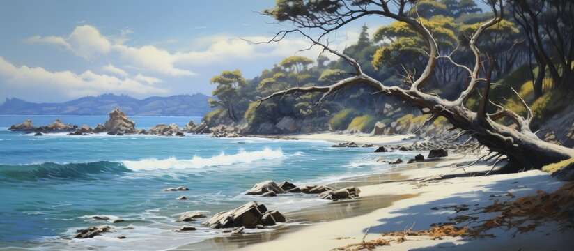 An art piece depicting a coastal landscape with trees, waves crashing on the beach, and a cloudy sky. The natural beauty of the ocean is captured in this painting
