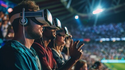 Fans watching a football match with virtual reality glasses in a stadium in the stands in high resolution and high quality. virtual reality concept
