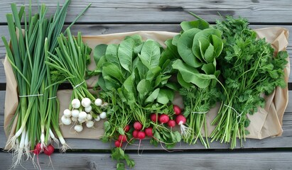 A wooden table with fresh vegetables, including green onions and radishes on it. - obrazy, fototapety, plakaty