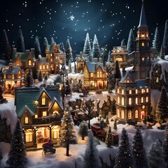 Fototapeta na wymiar Miniature Christmas village in the snow. 3d render illustration.