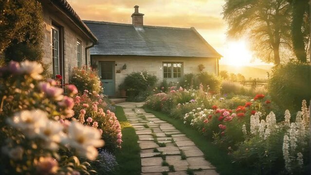 house with flowers, background, 4k, animation video,Seamless looping, footage, generative ai