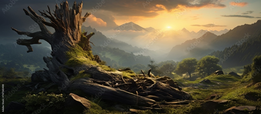 Poster a lone tree stump sits in a vast field with majestic mountains in the background, creating a picture