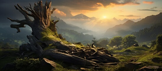 A lone tree stump sits in a vast field with majestic mountains in the background, creating a...