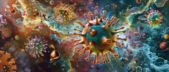Obraz na płótnie Canvas Viruses inside cell, microscopic view of biological tissue, abstract micro life background. Theme of macro, microscope, science, illustration, research.