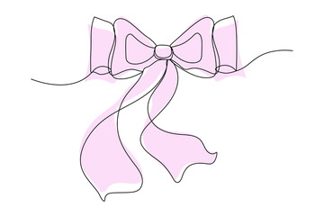 Continuous line pink ribbon with bow icon isolated. Vector doodle gift illustration.