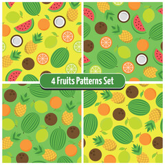 Set of 4 Assorted Fruit Patterns - Half and Whole Oranges, Lemons, Coconuts, Pineapples and Watermelons on Green and Yellow Backgrounds. Seamless link.