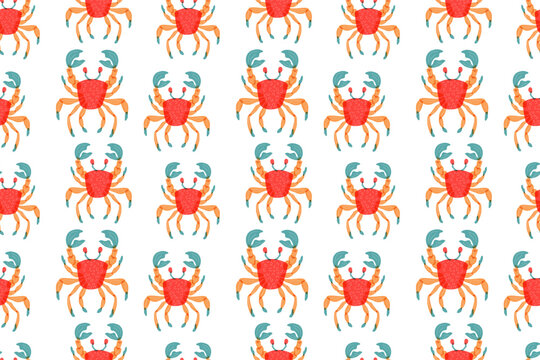 Seamless pattern with cute cartoon crab. Vector crawfish background.