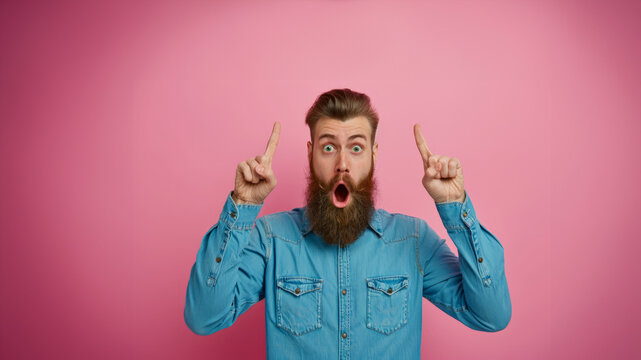 Shocked young bearded man in casual blue shirt posing isolated on blue pink wall background in studio. People lifestyle concept. Mock up copy space. Pointing index fingers up keeping mouth open