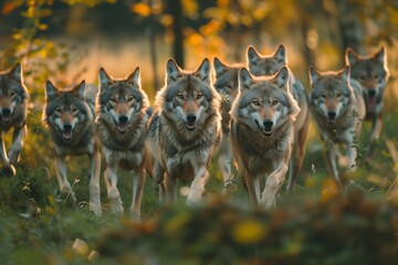 Pack of wolves running in forest 