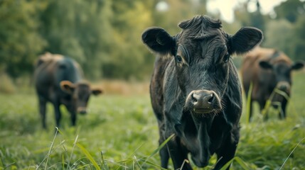 Three black cows  on green meadow