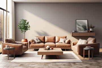 Modern living room interior with brown leather couches and plants, luxury wood home design. Theme of minimalist style, brown, wall background.