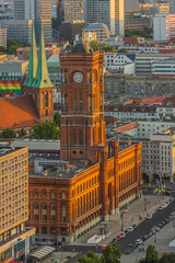 Red Town Hall in Berlin in the center of the city. Historical building with a bell tower on...