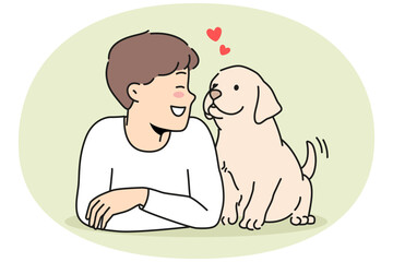 Smiling little boy child lying with cute puppy. Happy kid playing with dog enjoy leisure time with pet friend. Vector illustration.