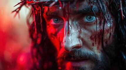 Jesus Christ with crown of thorns and blood on his face