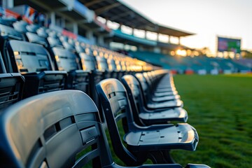 Fototapeta premium Seats of black tribune on sport stadium. empty outdoor arena. concept of fans. chairs for audience. cultural environment concept. color and symmetry. empty seats. modern stadium